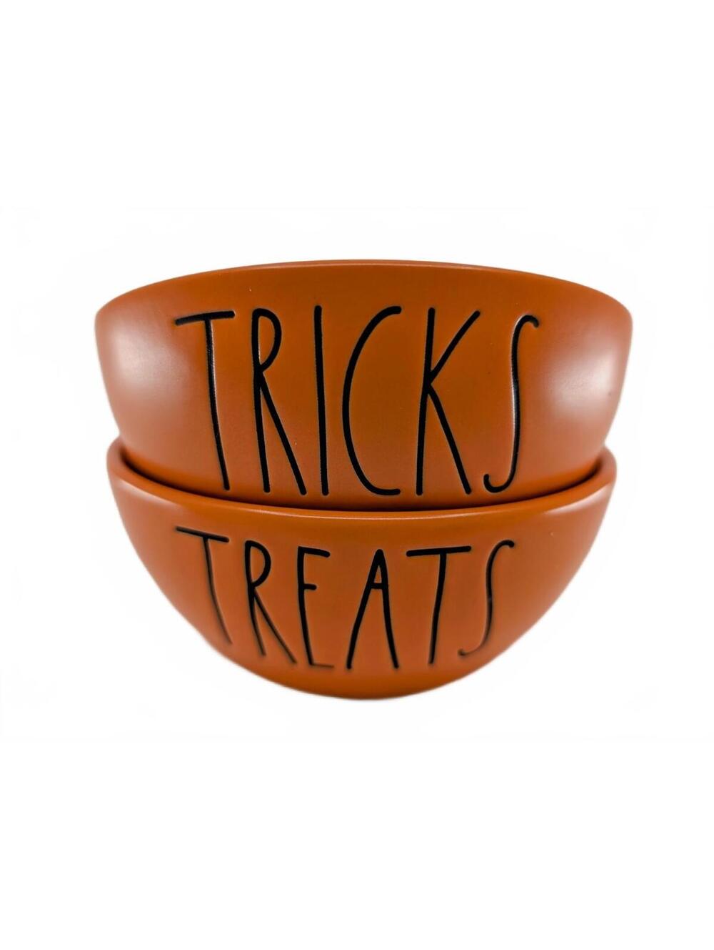 Rae Dunn TRICKS and TREATS Orange Ceramic Halloween Bowls Set of 2